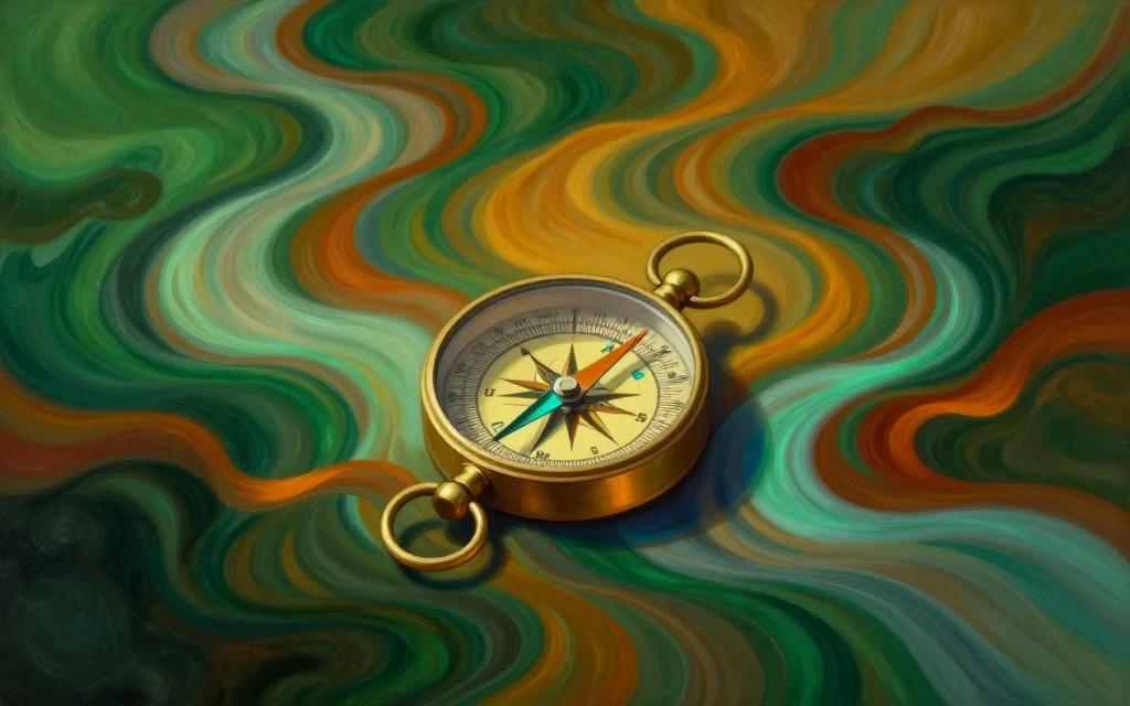 A brass navigator's compass with a glowing amber point, set within flowing ribbons of deep green, amber, aqua and rust, representing choosing one of four directions.